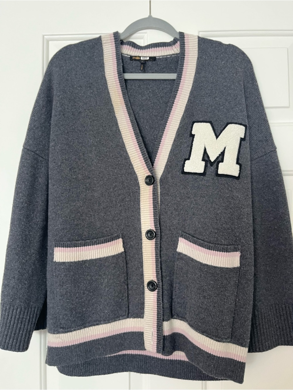 Maje Gray Cardigan with Pink and Cream Trim and 'M' Patch